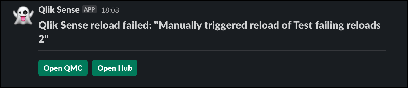 Reload failed alert Slack message
