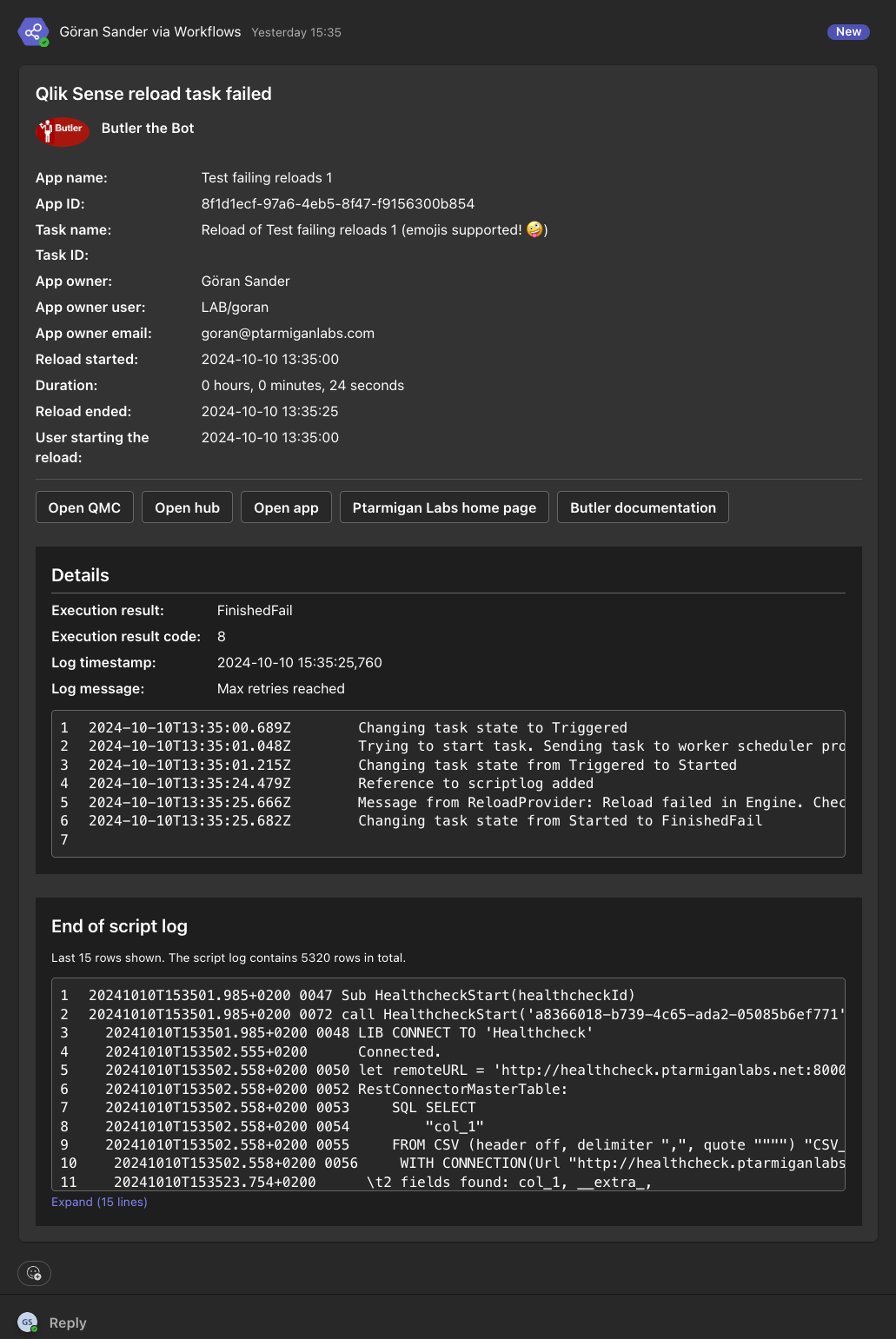 Reload failed alert Teams message